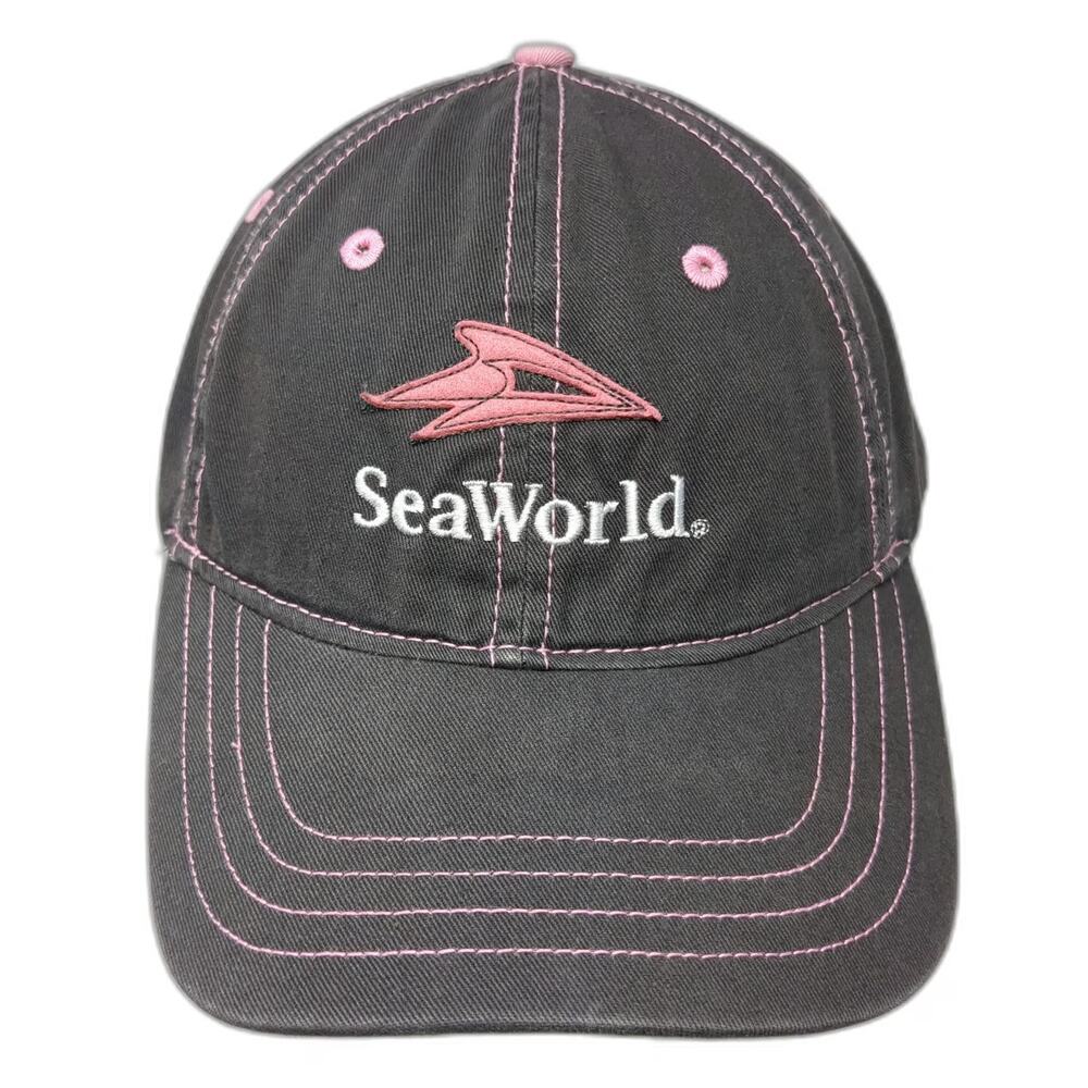 SeaWorld Baseball Cap Gray Pink White OSFM Cotton Contrast Stitching Logo Hat